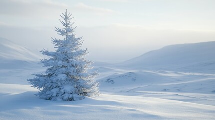 Obraz premium Solitary winter pine tree in pristine snow-covered landscape