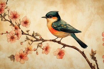Beautiful wild bird perched on blossoming branch in springtime garden, beautiful wild bird on a blossoming branch