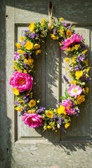 Colorful floral wreath with pink and yellow flowers hanging on a rustic door