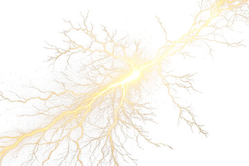 Powerful golden lightning strike on transparent background energy discharge electrical storm electricity thunderbolt power