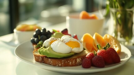Delicious and Healthy Breakfast Plate with Avocado Toast and Fresh Fruits