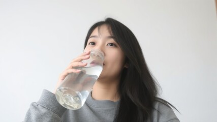 Young Woman Enjoying Fresh Water from a Glass Bottle Inside Home