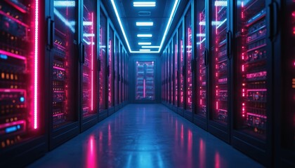 Futuristic server room lit neon lights. Dark data center with sleek design, glowing lights, reflective floor. Technology, cybersecurity, digital, network, cyberspace, cloud computing, high-tech