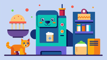 A customizable automated dispenser that can be programmed to release different types of treats toys or even birthday cards for your pet each year.. Vector illustration