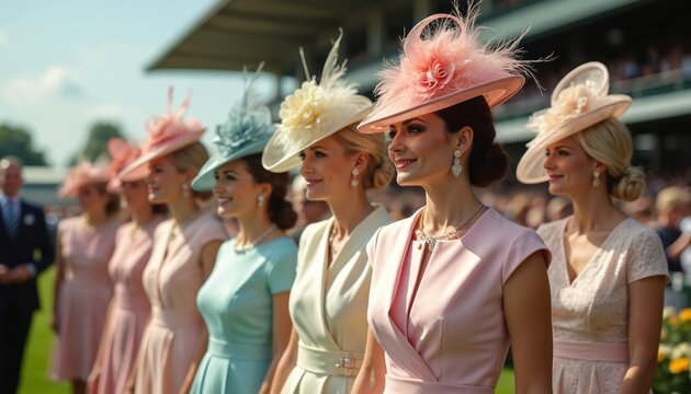 Elegant women in stylish outfits, fancy hats at Royal Ascot race. Ladies wear gorgeous dresses, hats, jewelry. Festive atmosphere, race track background. Fashion, beauty, millinery, celebration of