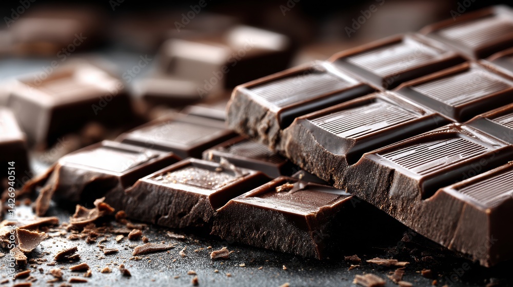 Aufkleber Macro View of Broken Chocolate Bar Showing Glossy Texture and Rich Detail With Squares Arranged Artfully on a Dark Surface