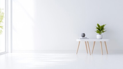 Bright, minimalist living space.  Simple, modern d?cor, showcasing natural light and clean lines.  A low, white console table with light wood legs holds simple decorative objects and a plant