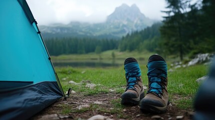 Fototapeta premium Camping tent hiking boots outdoor adventure mountain landscape
