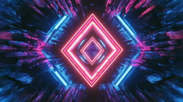 Neon tunnel vj loop background flying through diamond shaped glowing corridor