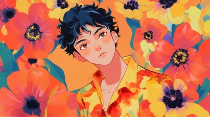 An anime-style cool boy is depicted against a vibrant flower background.