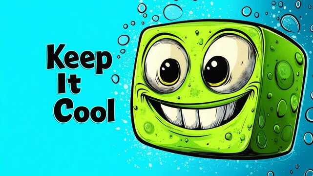 Animated green cube cartoon character winking and smiling with the text keep it cool on a bubbly blue background