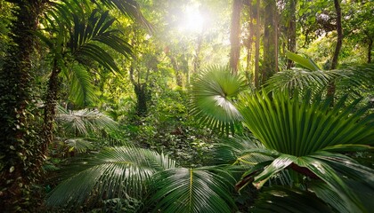 Naklejka premium a lush dense jungle with sunlight filtering through the green leaves