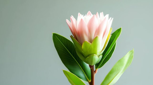 Pink protea flower with green leaves blooming isolated on a solid background