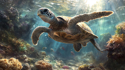 Obraz premium Sea Turtle Gliding Underwater with Sunlight Filtering Through, Coral Reef in Background