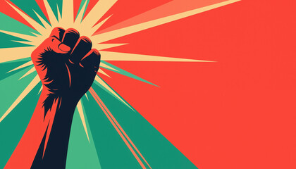 Empowered fist raised in defiance against colorful background  