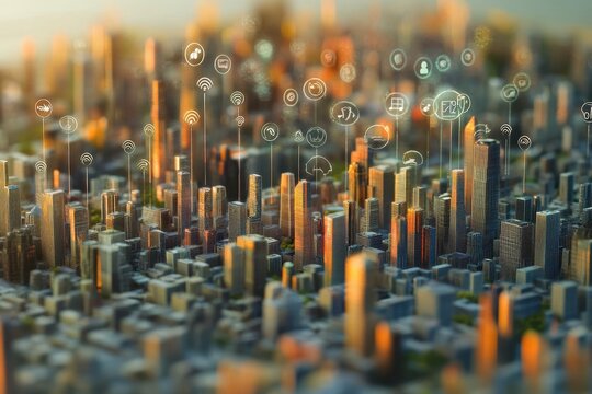 Floating weather icons and numbers illuminate a bustling urban landscape in the afternoon sun, numbers floating with weather icons over 3d model of a city