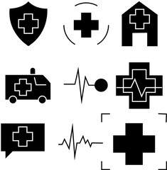 Set of 9 Medical Icons Including Shield, Hospital, Ambulance, Heartbeat Lines, and Communication – Transparent Background.