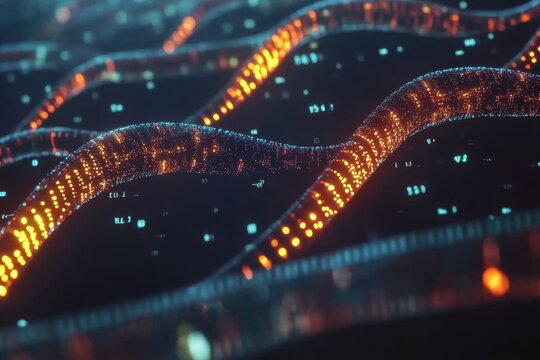 Data processing representation over a dna strand against a dark background showcasing digital interactions, data processing over dna strand on black background - Powered by Adobe