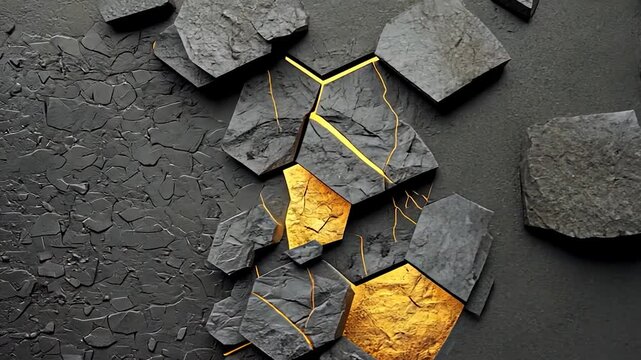 Abstract composition of hexagonal stone shapes with golden veins on a dark textured background