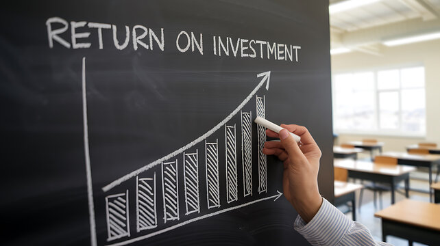 Chalkboard diagram showing Return on Investment with an upward trending graph in a classroom setting.