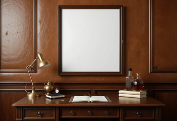 Classic Gentleman’s Study: A rich cognac-brown leather-paneled wall provides a sophisticated setting for an ISO A-sized poster mockup in a dark walnut frame.
