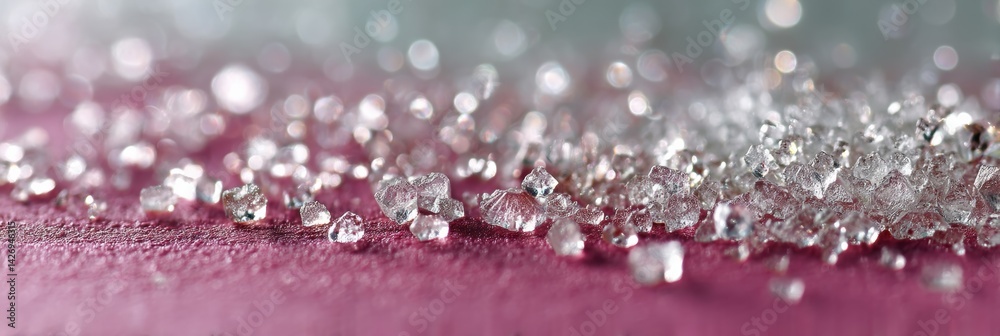 Poster Sparkling Sugar Crystals Scattered on a Pink Surface Reflect Light in a Vibrant Display Showcasing Sweetness and Texture