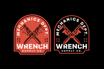 agricultural wrench, wrench, monkey wrench crossed retro vintage badge logo vector design collection set for mechanic, craftsman, handyman, garage, workshop, engineer, industrial