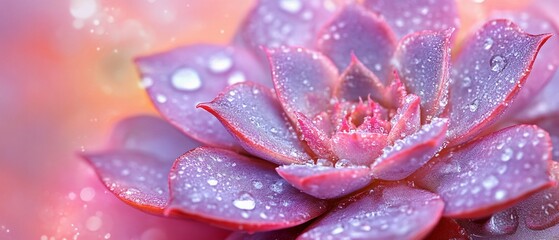 Close-up of a succulent plant with water droplets on its petals. Soft pink and purple hues