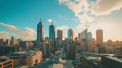 Fototapeta premium Melbourne Skyline: Golden Hour Cityscape in a Serene Style
