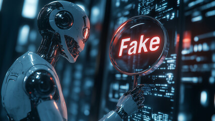 Robot examines holographic data using magnifying glass labeled 'Fake,' illustrating disinformation security, fake detection, data verification, digital inspection