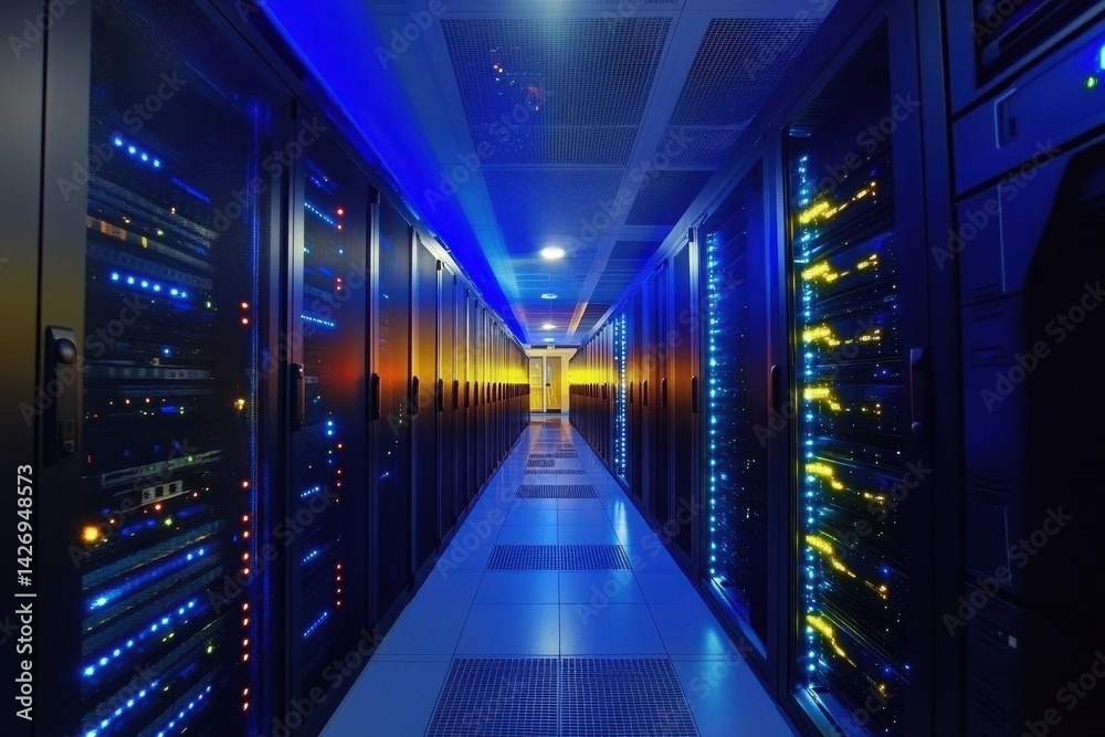 Poster digital icons and data processing illuminated in a modern server room at sunset, digital icons and d