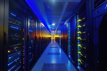 Digital icons and data processing illuminated in a modern server room at sunset, digital icons and data processing over computer servers