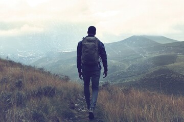 Obraz premium Data processing with an African American man hiking on a mountain trail surrounded by nature, data processing over african american man hiking