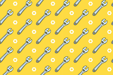 Naklejka premium adjustable wrench with nut colorful pattern on yellow background. doodle monkey wrench with fastener symbol seamless pattern background. wrench seamless pattern for industrial, workshop merchandise