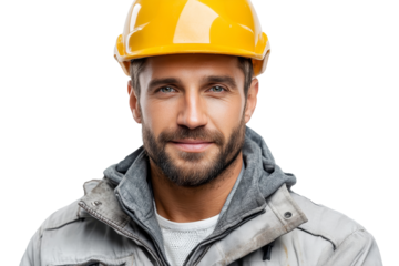Confident worker in hardhat ready for construction challenges on a transparent background with ample copy space for branding