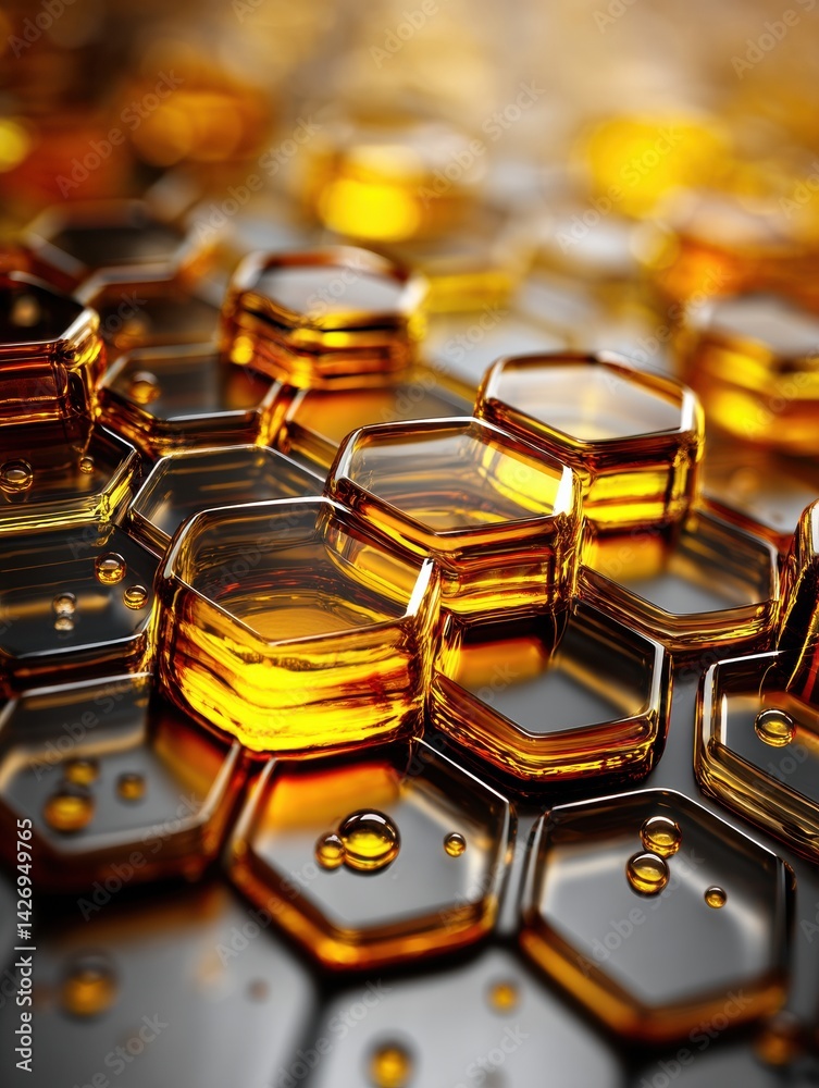 Poster macro view reveals intricate honeycomb structure showcasing reflections of golden honey under warm l