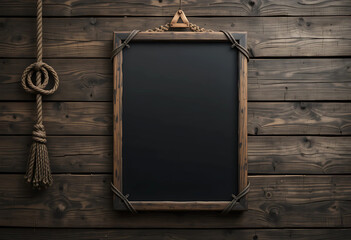 Pirate Ship Wooden Wall: A rustic wooden plank wall with ropes and aged details, featuring an ISO A poster mockup in a transparent frame, keeping the adventurous theme alive.
