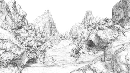 Detailed pencil sketch of a mountainous landscape.
