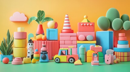Colorful toy city scene, playful background, children's room, educational image