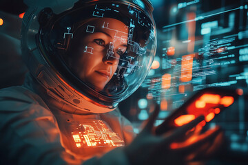 Innovative astronaut analyzing data on advanced technology in a futuristic control room