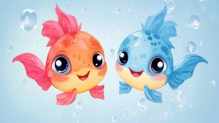 Obraz premium An illustration features two adorable baby puffer fish swimming among vibrant coral reefs.