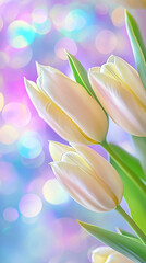 Vibrantly colored tulip flowers in the spring, on a pastel, 
 soft color, blurred background. 