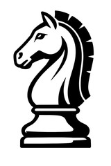 Vector illustration of a knight chess piece in profile in black and white. Represents strategy, tactics, and the game of chess.