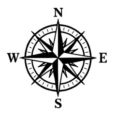 Vector illustration of a compass rose with cardinal directions (N, S, E, W) and intermediate points in black and white. Represents navigation, direction, and exploration. © Mr. Designer