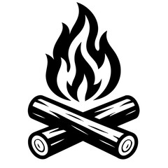 Vector illustration of a campfire with burning logs and flames in black and white. Represents warmth, outdoors, and gathering.
