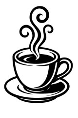 Vector illustration of a steaming coffee cup on a saucer in black and white. Represents coffee, hot beverages, and comfort.