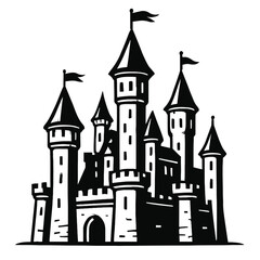 Fototapeta premium Vector illustration of a fairytale castle with towers, turrets, flags, and an arched entrance in black and white. Represents fantasy, stories, and historical architecture.