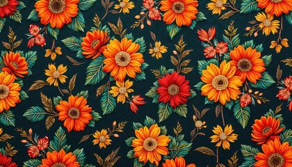 Vibrant seamless Sarawak batik pattern with floral motifs. Traditional Malaysian textile design features colorful flowers with intricate details, perfect for fabric, wallpaper or wrapping paper.