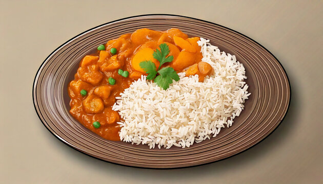 Vector illustration of Japanese curry rice on a plate, flat style, clean and colorful