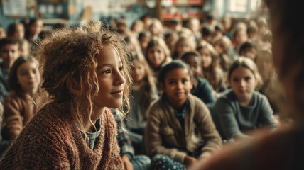 Obraz premium Engaging young students in a lively discussion at a school setting